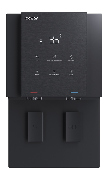 Coway VILLAEM 3 — dark charcoal wall-mounted purifier with digital 95°C display
